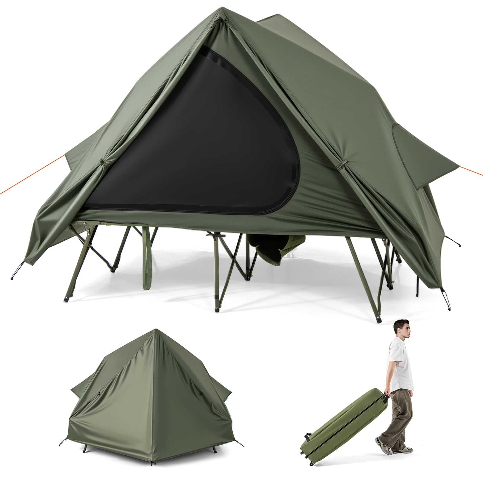2-Person Foldable Off-Ground Camping Cot Tent with Wheeled Bag-Green - Savings Store