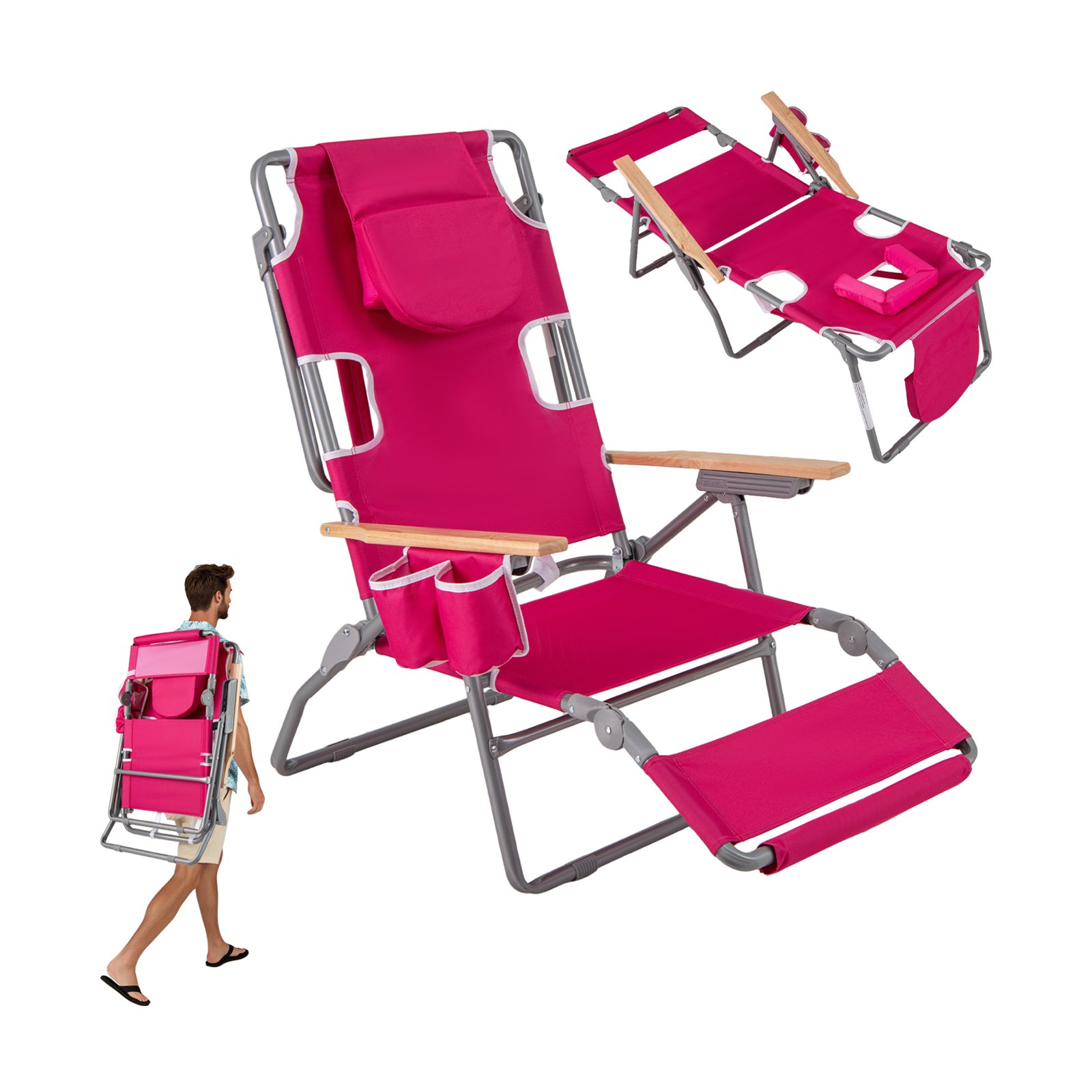 LOXMEREEN 3-IN-1 Foldable Beach Chair Lay-Flat Tanning Chair with Face Hole-Pink - Savings Store