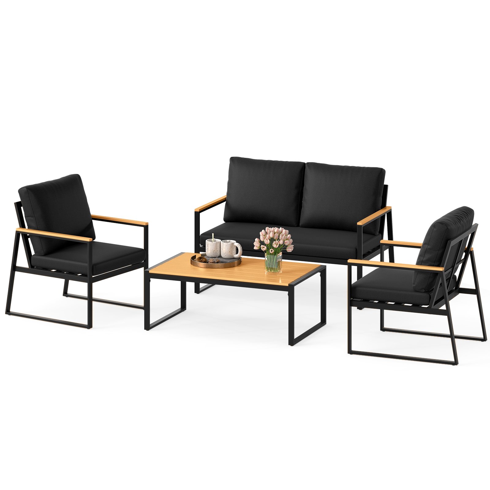4 Pieces Patio Furniture Set with Thick Cushions for Backyard-Black - Savings Store