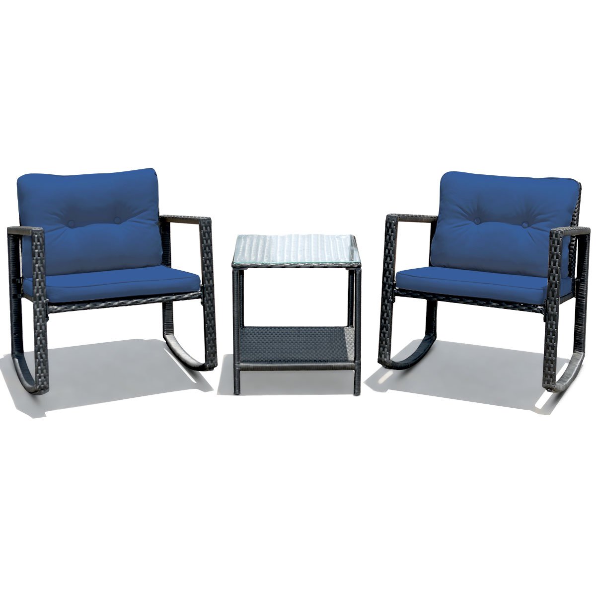 Patio Set - 3 Pieces Outdoor Rocking Bistro Set PE Rattan with Cushions - Navy - Savings Store