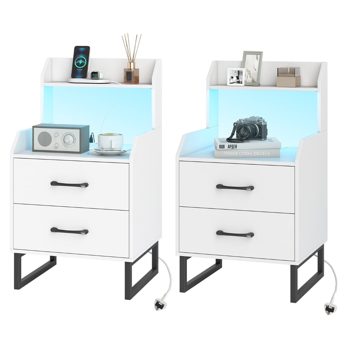 Nightstand Modern Bedside Table Set of 2 with Built-in Charging Station-White - Savings Store