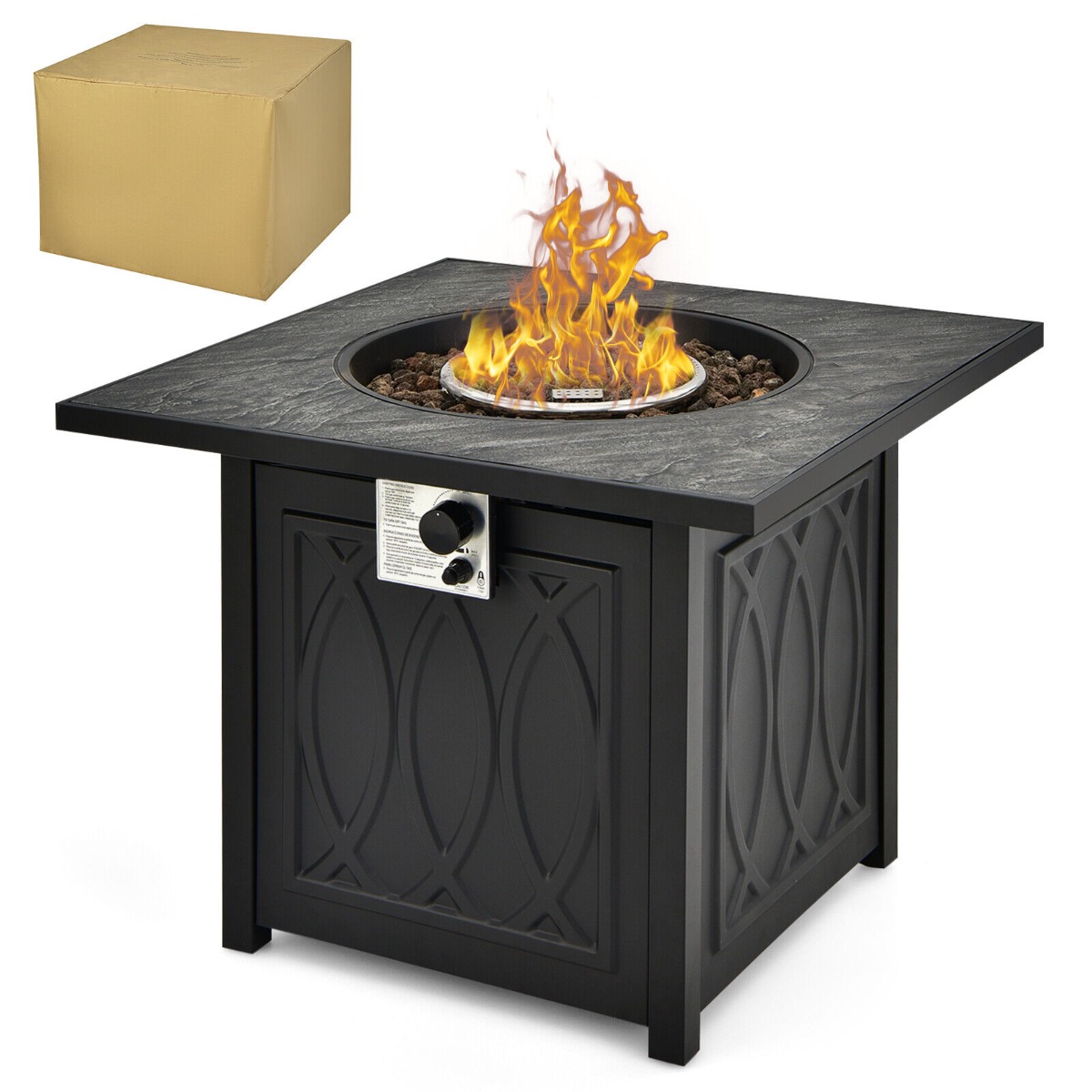 50,000 BTU Propane Fire Pit Table Square Heater with Lava Rocks Cover-Black - Savings Store