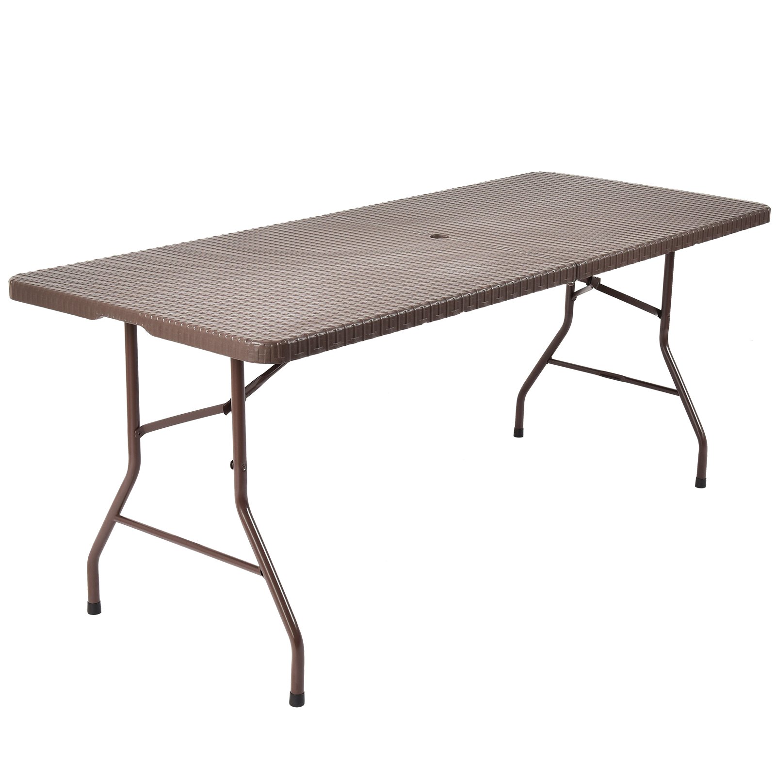 Folding Table Portable Plastic Table with Rattan Design and Umbrella Hole - Savings Store