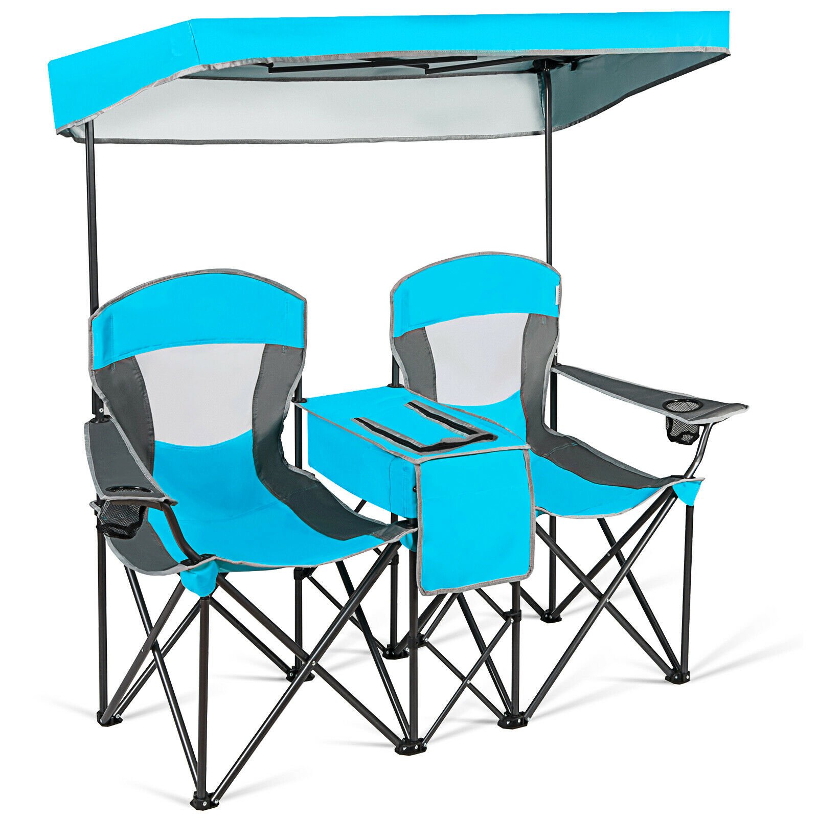 Camp Furniture - Double Folding Camping Chair with Canopy and Armrests-Blue - Savings Store