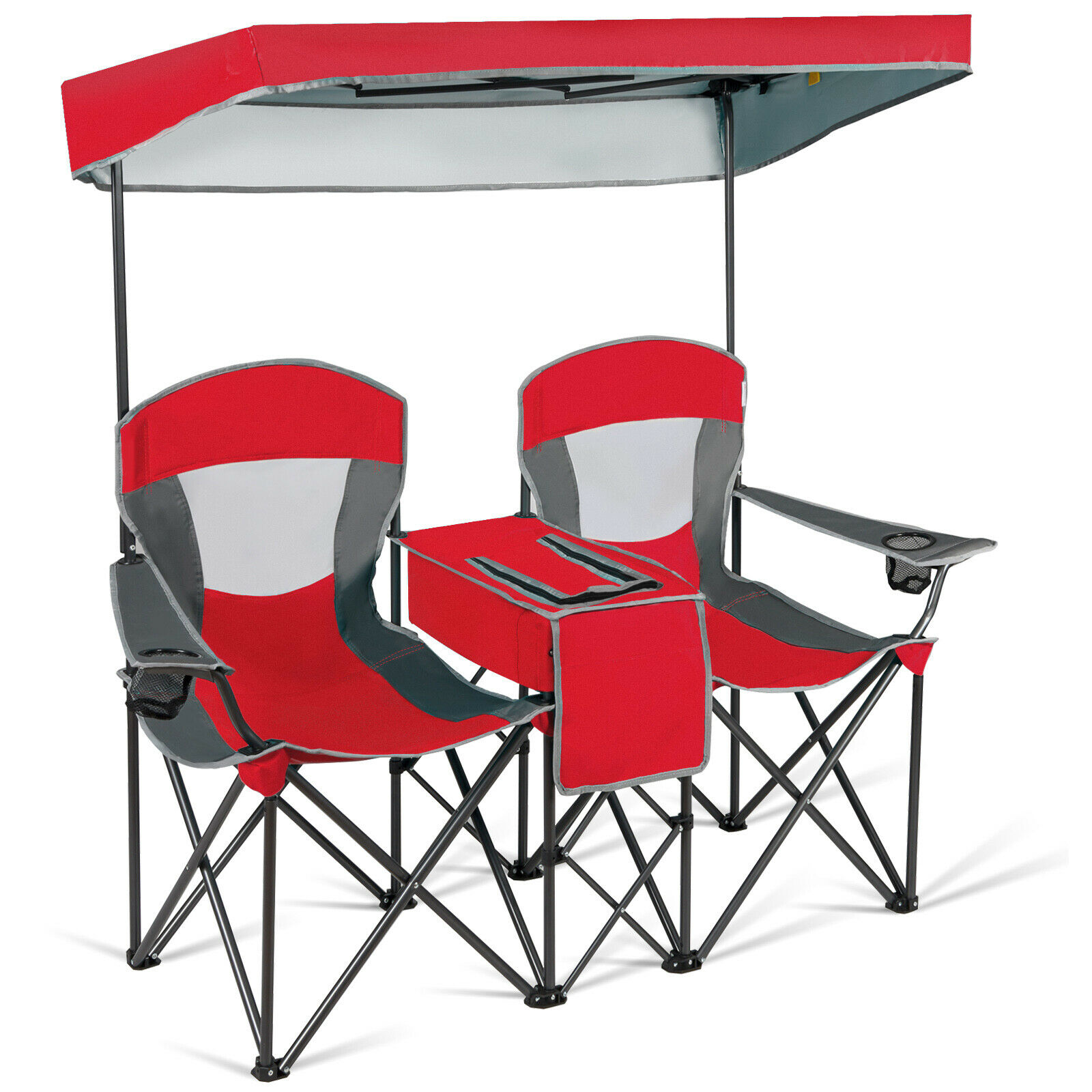 Camp Furniture - Double Folding Camping Chair with Canopy and Armrests-Red - Savings Store