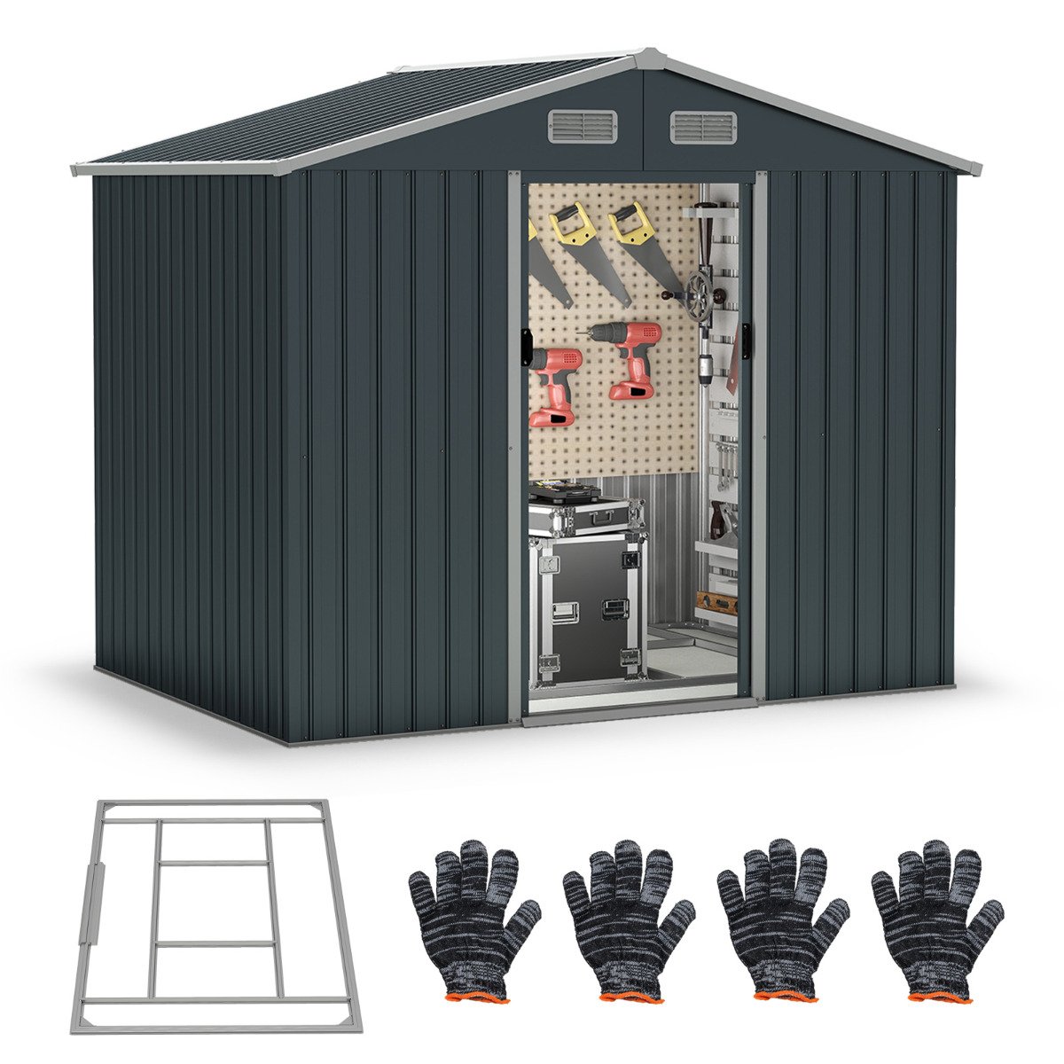 Outdoor Storage Shed with Sloping Top and Sliding Doors-Grey - Savings Store