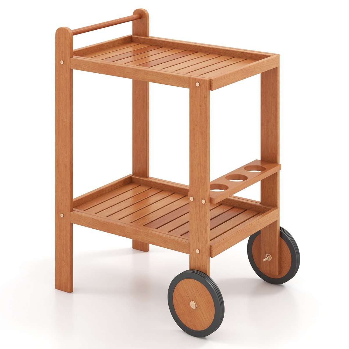 Indoor Outdoor Wood Bar Cart with Wine Bottle Holders and 2 Rubber Wheels - Savings Store