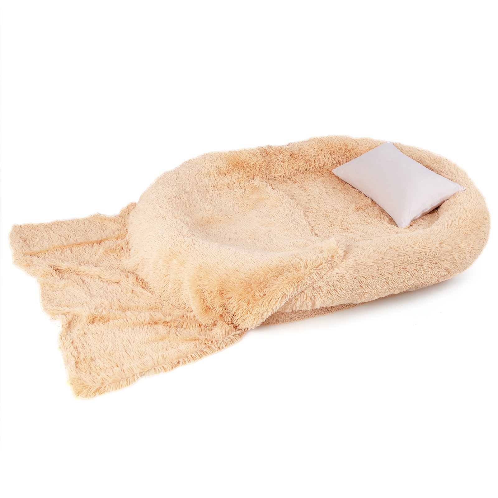 Dog Bed - Human Dog Bed with Soft Blanket and Present Plump Pillow-Brown - Savings Store