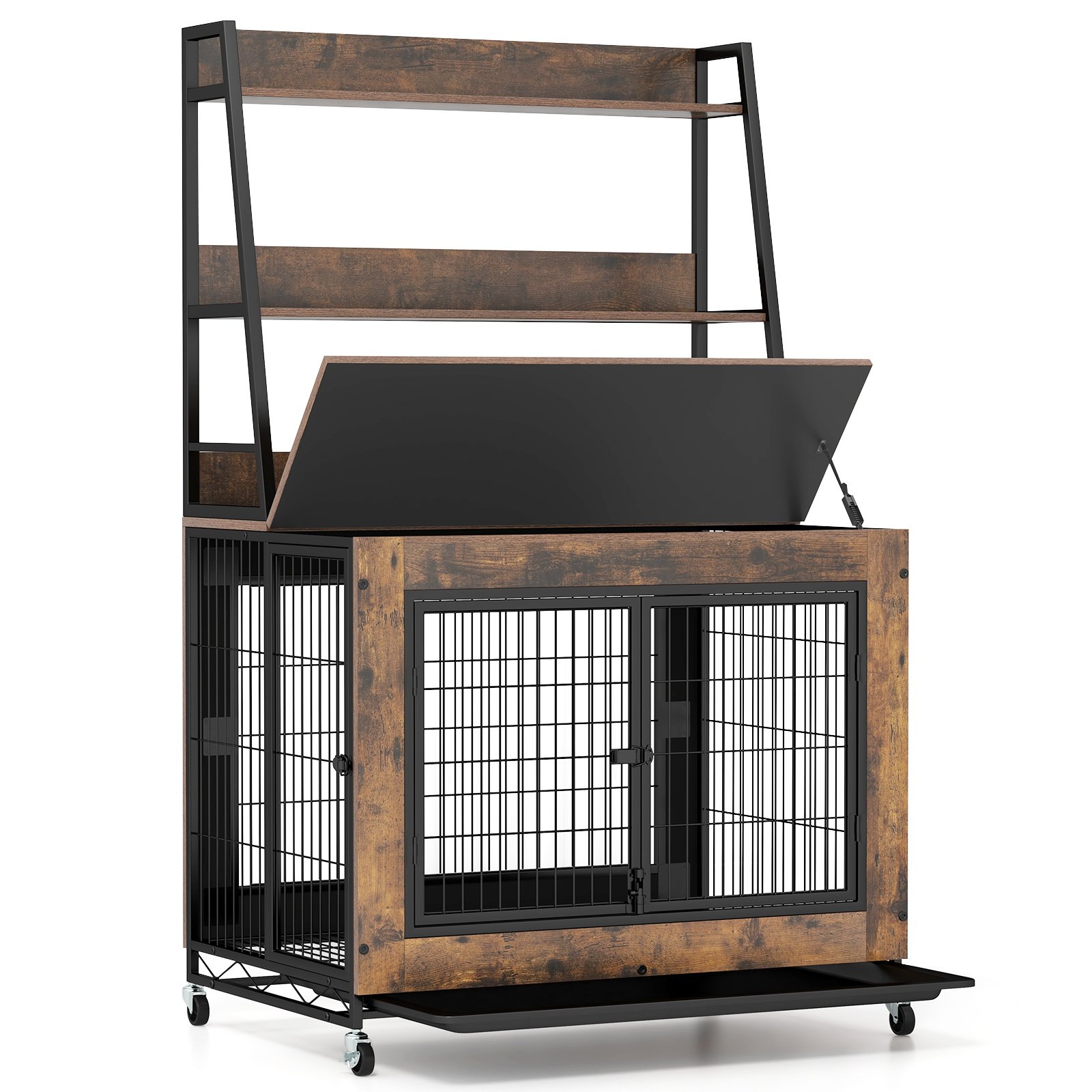 Dog Crate Furniture with 3 Lockable Doors and Flip-up Top-Coffee - Savings Store