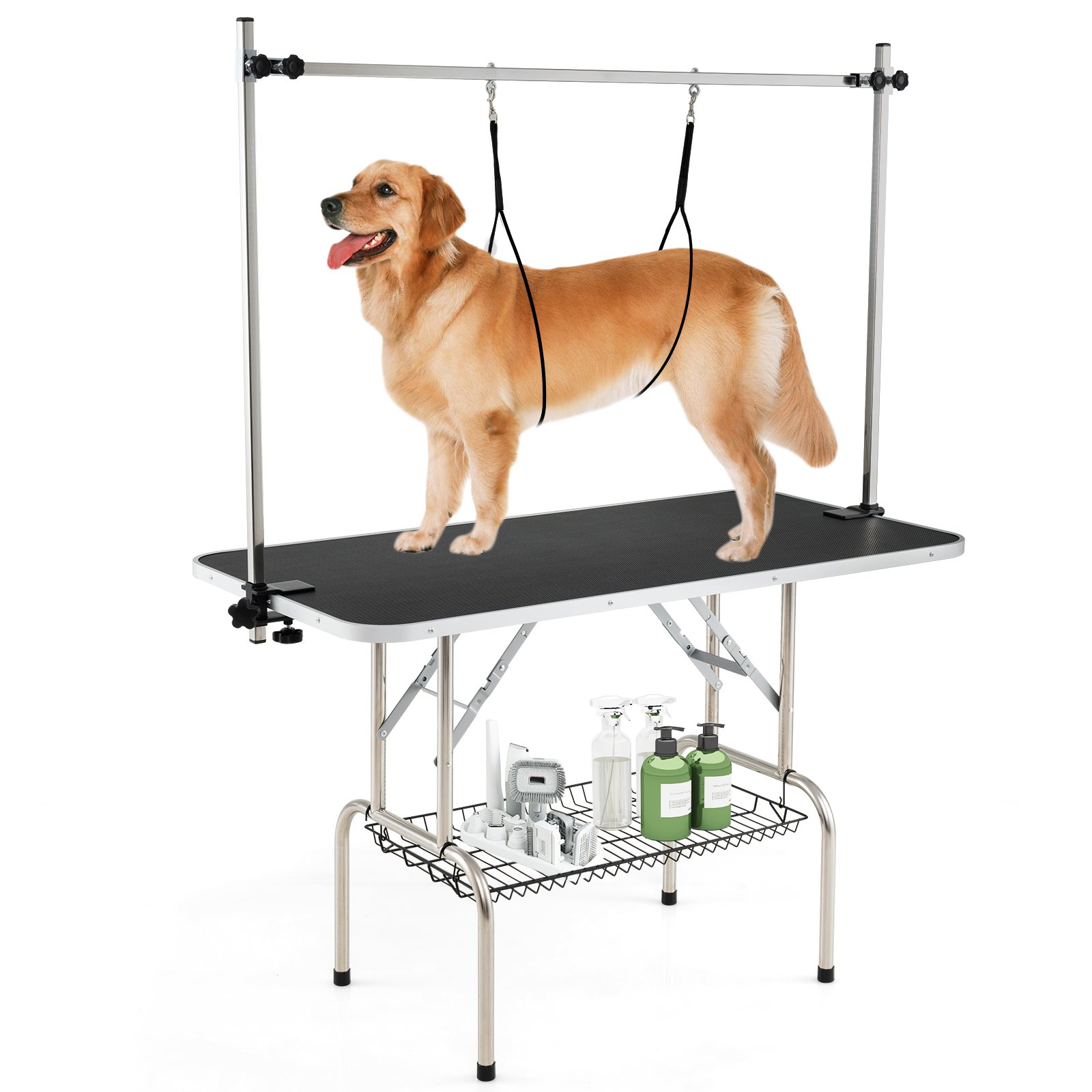 Foldable Dog Grooming Table with Height Adjustable Arms and Mesh Tray-Black - Savings Store