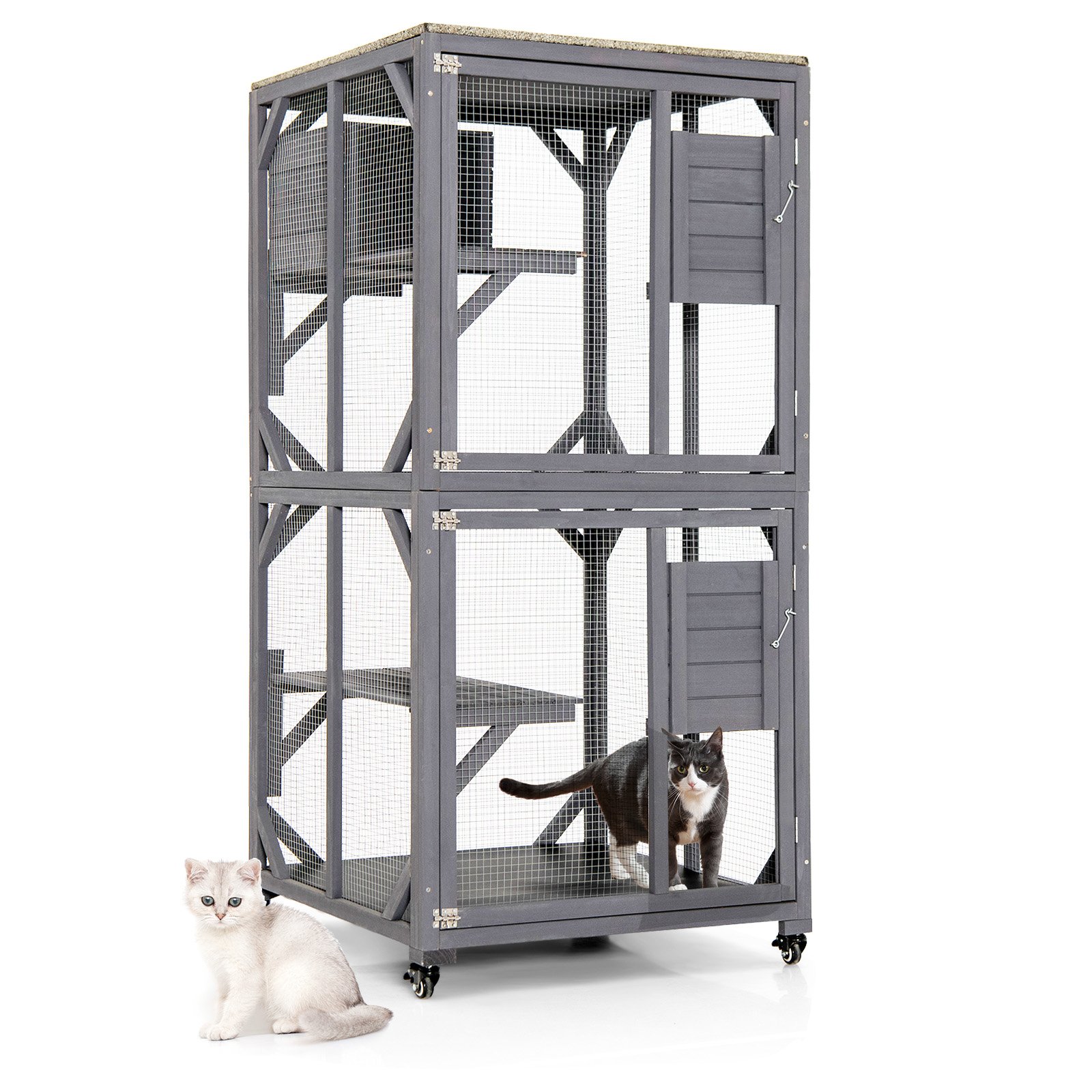 Cat Furniture - Wooden Cat House with Asphalt Roof and Large Front Door-Grey - Savings Store
