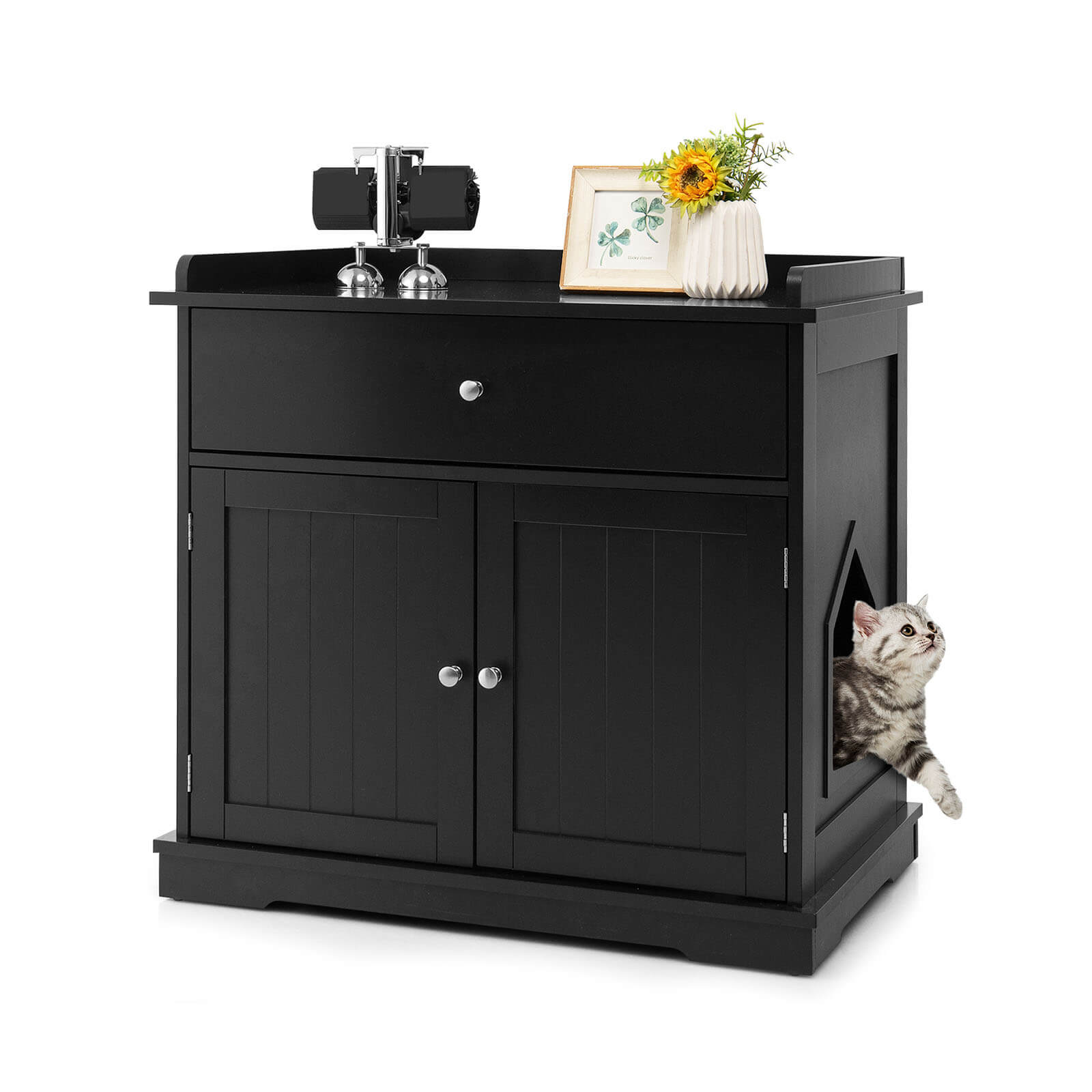 UREL Large Wooden Cat Litter Box Hidden Washroom Toilet with Drawer-Black - Savings Store