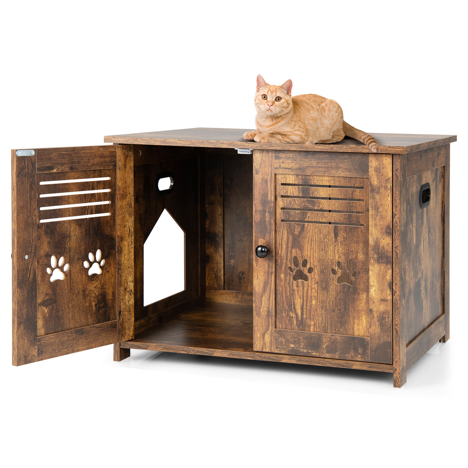 Cat Litter Box Enclosure with Double Louvered Doors, Side Entrance-Rustic Brown - Savings Store