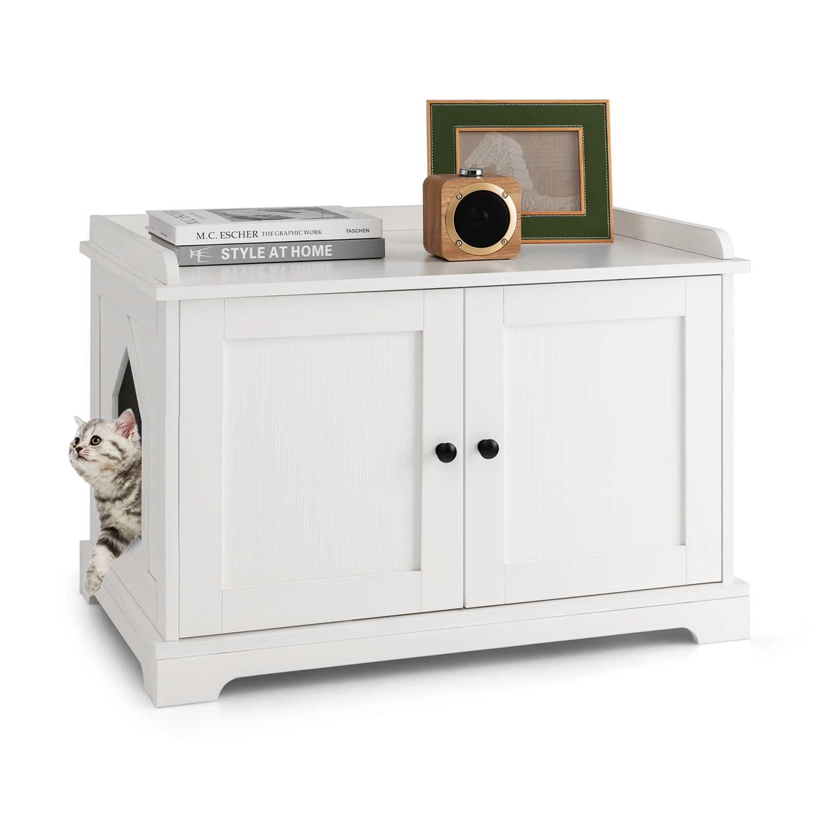 Cat Litter Box Enclosure with Scratching Pad and Adjustable Divider-White - Savings Store