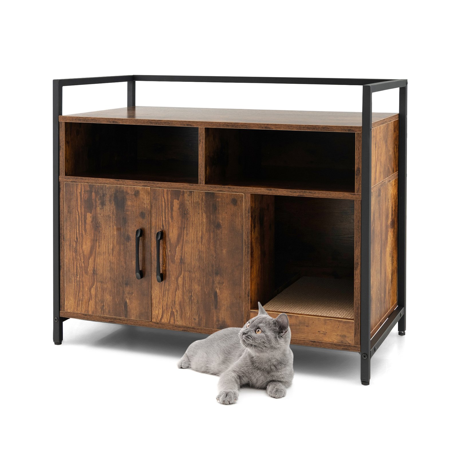 Cat Furniture - Wooden Cat Litter Box Enclosure with Compartments and Scratching Board-Brown - Savings Store