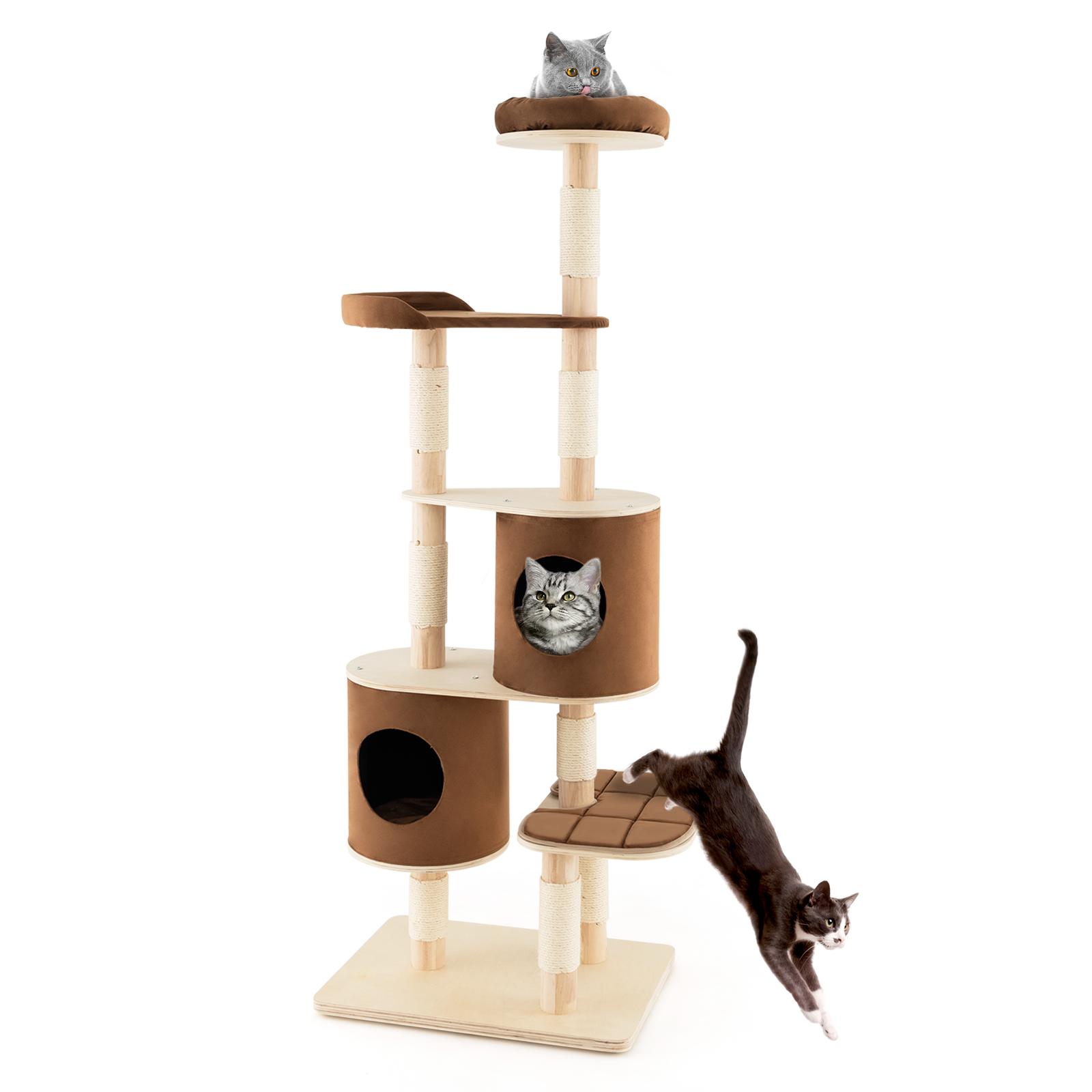 6-Tier Cat Tree Rubber Wood Cat Tower with Sisal Scratching Post-Brown - Savings Store