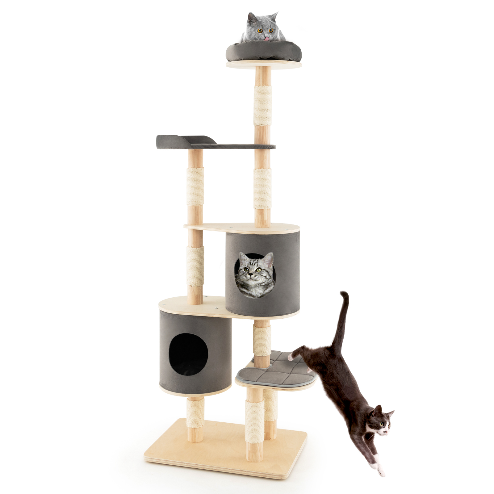 6-Tier Cat Tree Rubber Wood Cat Tower with Sisal Scratching Post-Grey - Savings Store