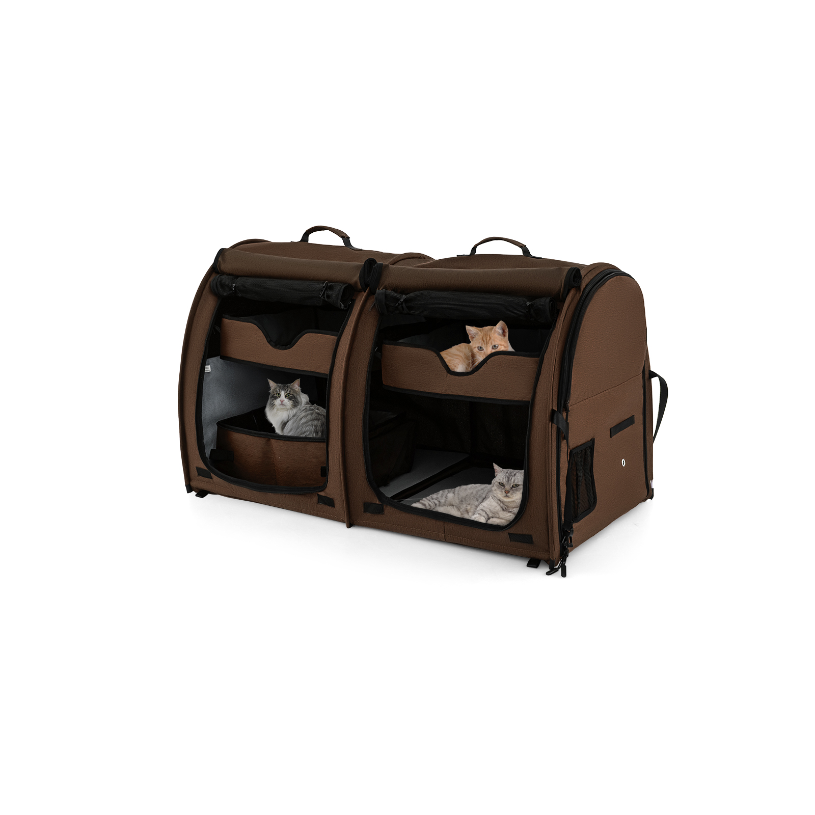 2 Compartments Pet Travel Carriers with Removable Hammocks and Mats-Brown - Savings Store