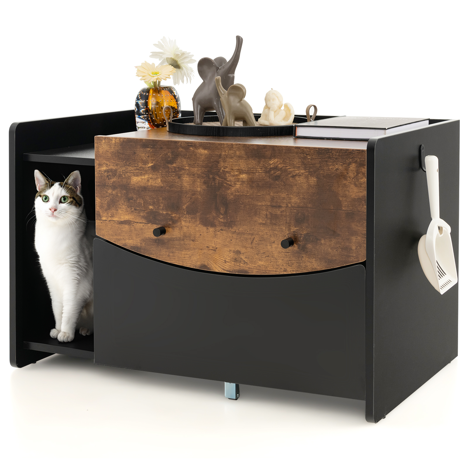 Cat Litter Box Enclosure with Pull-out Drawer, Rolling Caster and Flip Door-Black & Brown - Savings Store