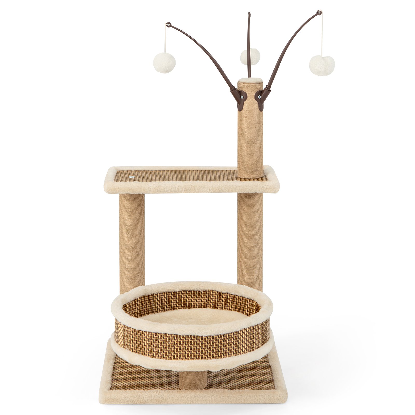 Cat Furniture - Modern Cat Tower with Rattan Mat and 3 Hanging Ball Toys - Savings Store