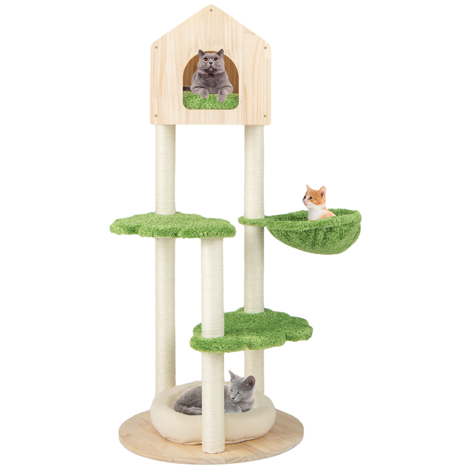 Wooden Cat Tree with Sisal Scratching Posts-Green - Savings Store