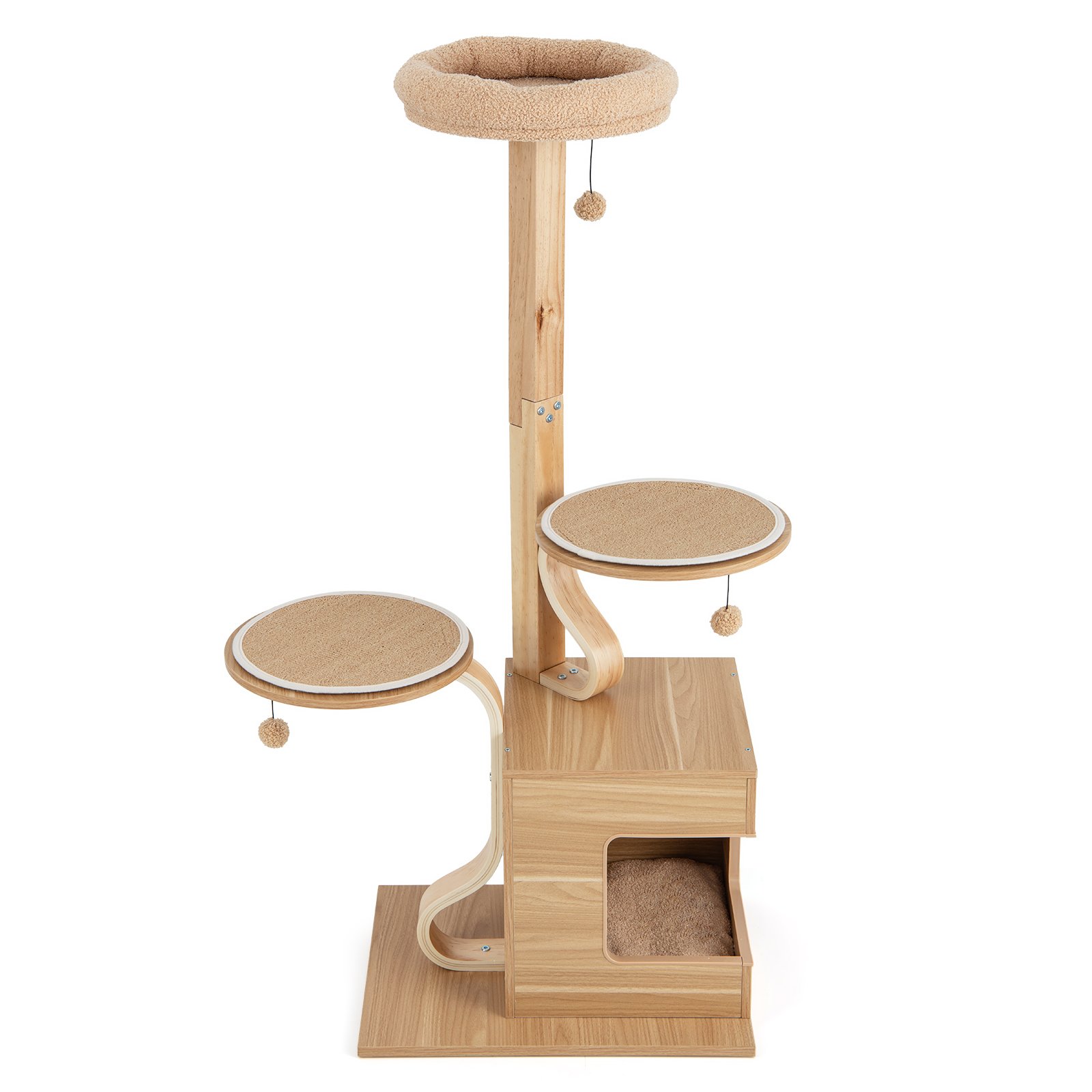 Cat Furniture - 51 Inch es Wooden Cat Tree with Solid Wood Post and Curved Plywood Frame-Natural - Savings Store