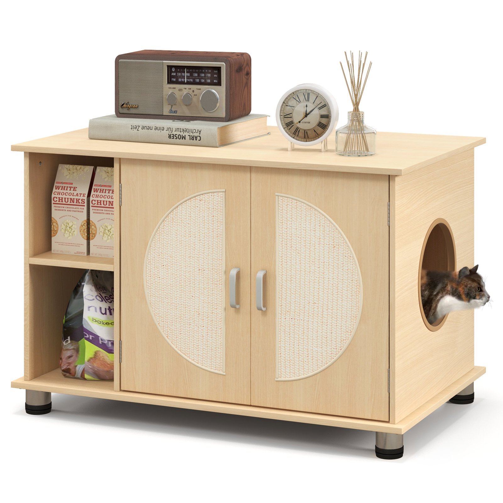 Cat Furniture - Cat Litter Box Enclosure with Sisal Scratching Doors and Adjustable Metal Feet-Natural - Savings Store