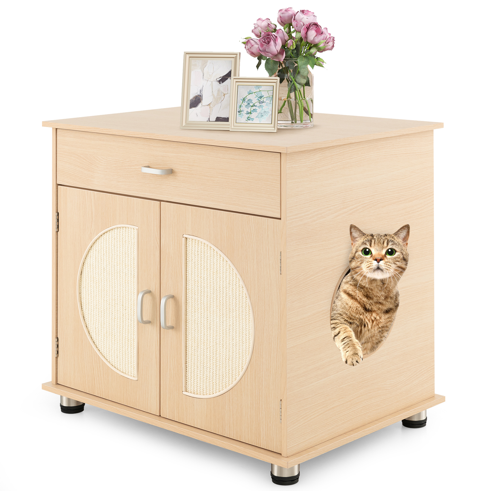 Cat Litter Box Enclosure with Sisal Scratching Doors and Drawer-Natural - Savings Store
