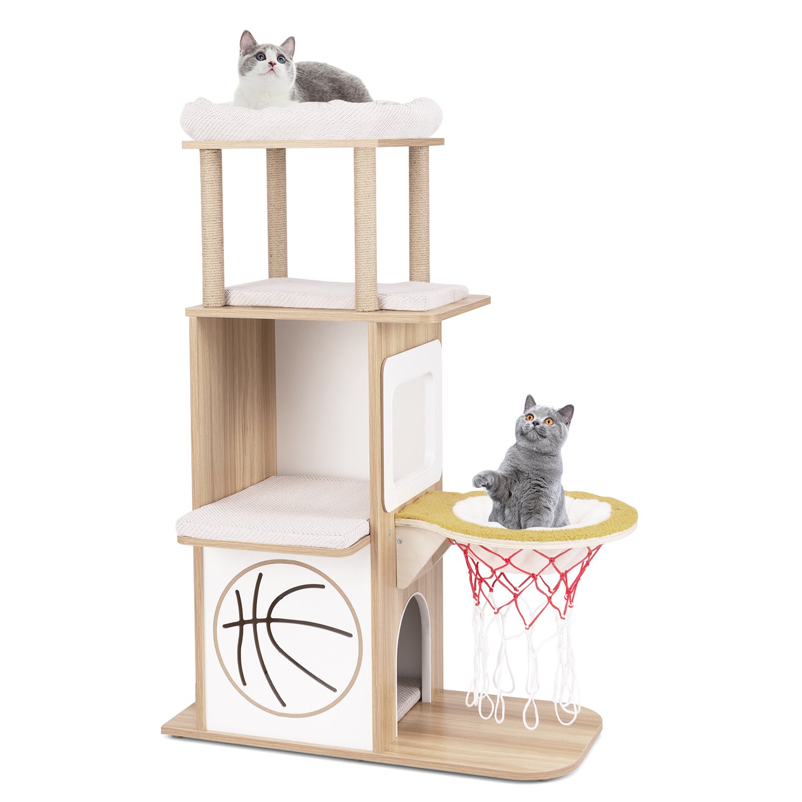 Cat Furniture - 5-Layer Sports-Themed Cat Tower with 2 Cat Condos and Basketball Hoop Hammock-Natural - Savings Store