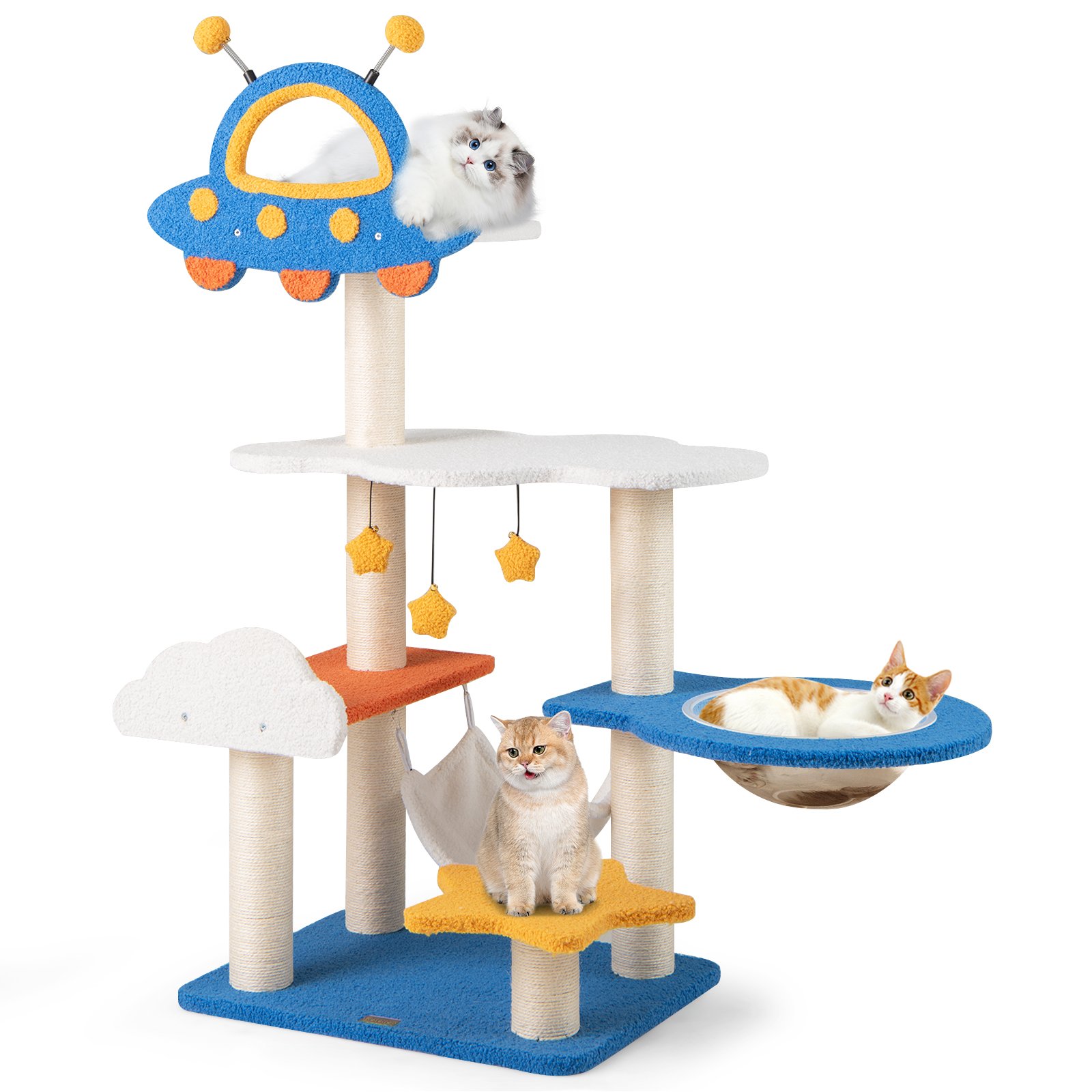 Cat Furniture - 124cm Tall Cat Tree with UFO Top Perch and Space Capsule-Blue - Savings Store