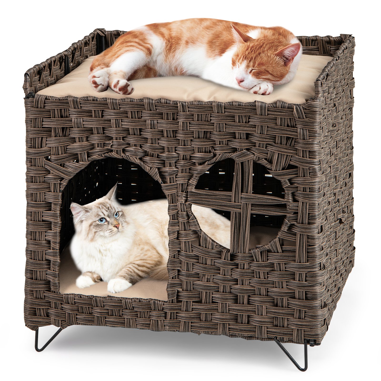 Foldable 2-tier Rattan Cat House Wicker Kitten Condo Indoor Pet Furniture Side Table-Brown - Savings Store