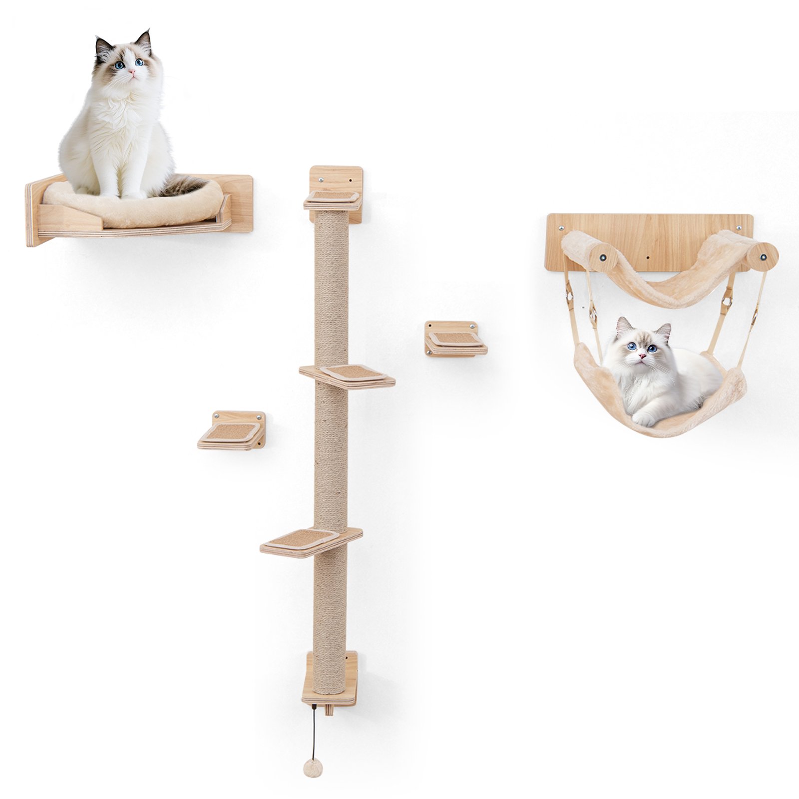 5-piece wooden Cat wall shelves with jute scratching posts and hanging ball-Natural - Savings Store
