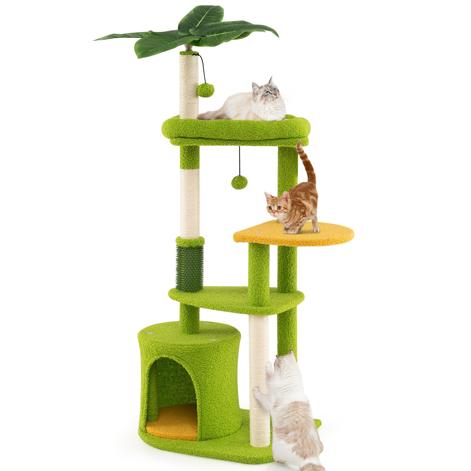 Cute Cat Tree for Adult Cats Multi-level Kitty Tower with Artificial Leaves-Green - Savings Store