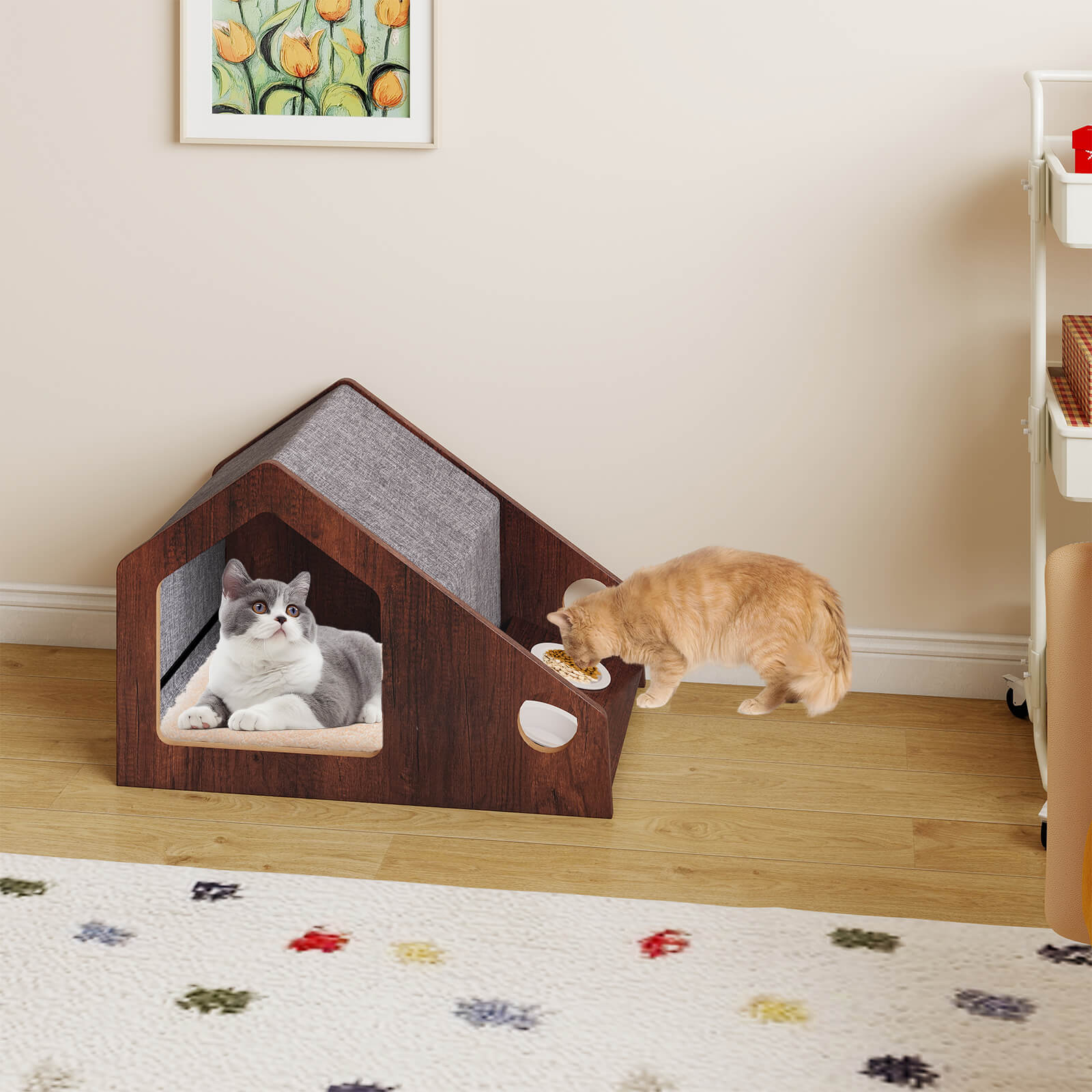 Modern Cat House with Feeder and Detachable Roof with 2 Bowels - Savings Store
