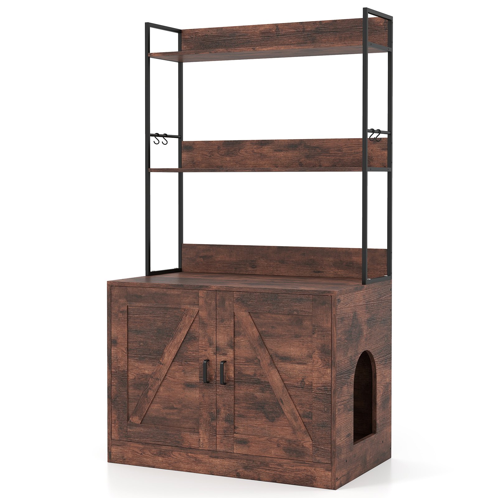 MERTHOR Modern Cat Litter Box Enclosure Cabinet with 3-Tier Shelves Metal Frame-Brown - Savings Store