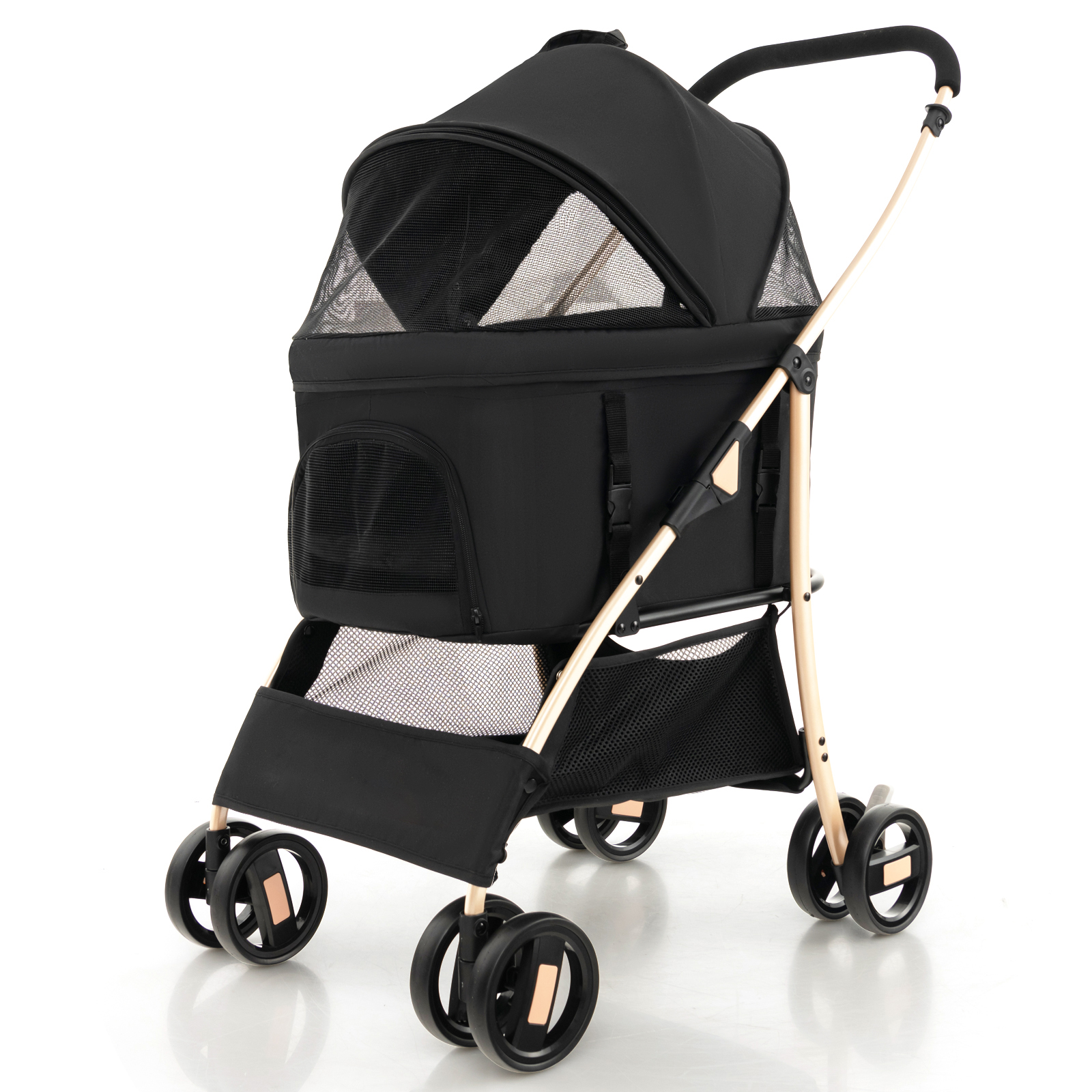 Foldable Pet Stroller with 4-Level Adjustable Canopy and Storage Basket-Black & Gold - Savings Store