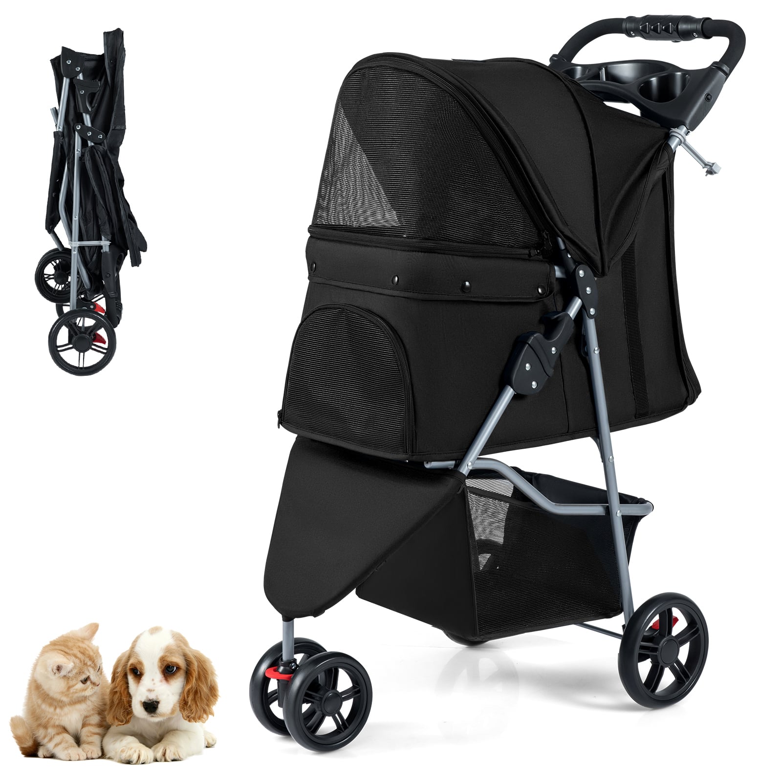 DOVIX Pet Stroller with Adjustable Canopy and 3 Shock-absorbing Wheels-Black - Savings Store