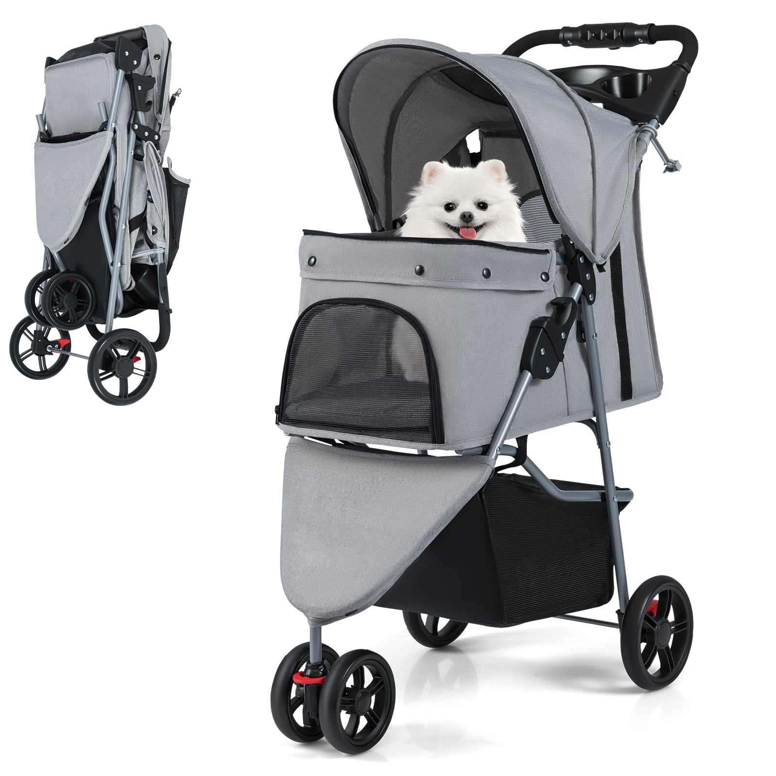 DOVIX Pet Stroller with Adjustable Canopy and 3 Shock-absorbing Wheels-Grey - Savings Store