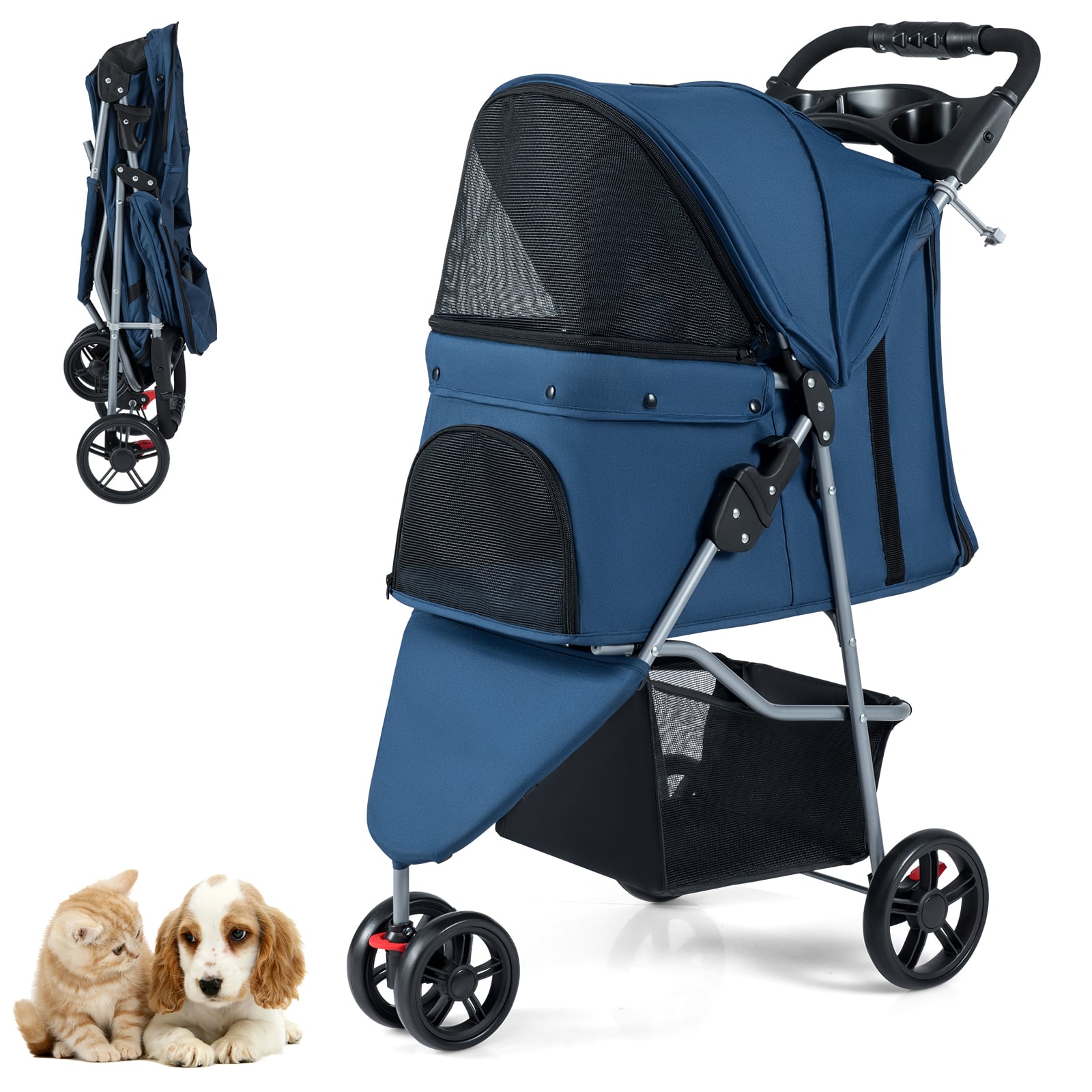 DOVIX Pet Stroller with Adjustable Canopy and 3 Shock-absorbing Wheels-Navy - Savings Store