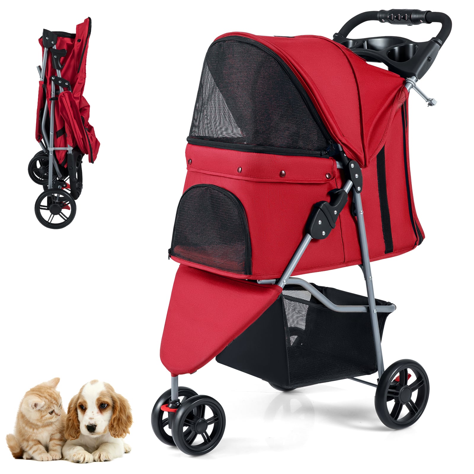 DOVIX Pet Stroller with Adjustable Canopy and 3 Shock-absorbing Wheels-Red - Savings Store