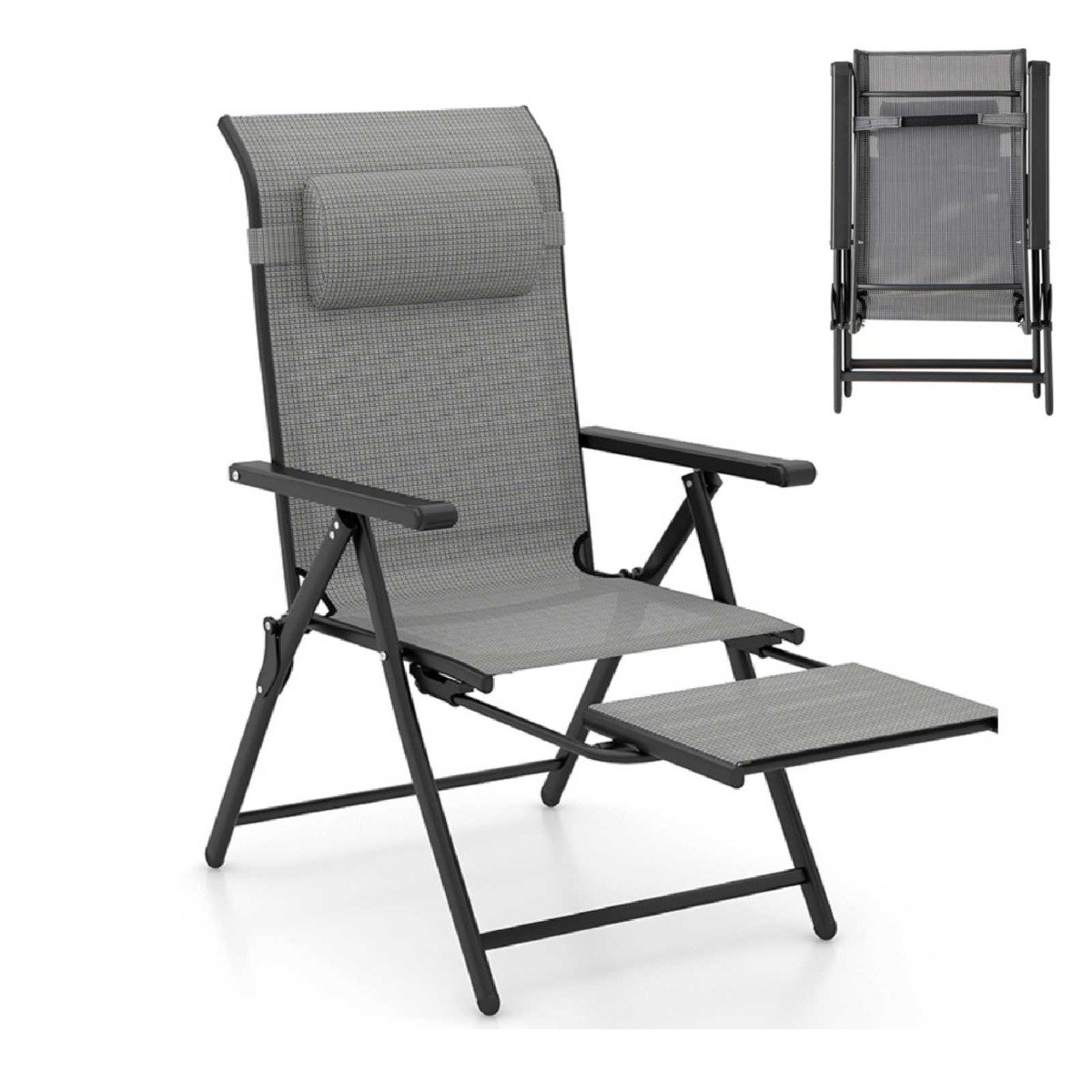 Folding Patio Chair with 10-Level Adjustable Backrest and Armrests-Grey - Savings Store