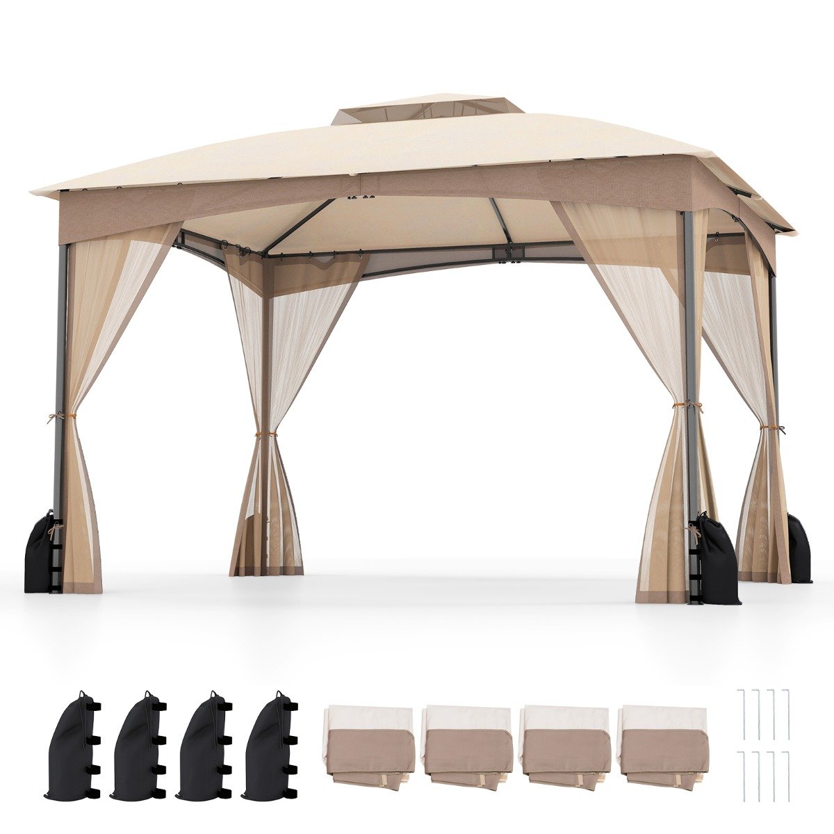 VEZE Patio Gazebo with Netting Walls Soft Top Double Roof Canopy with Sandbags-Khaki - Savings Store