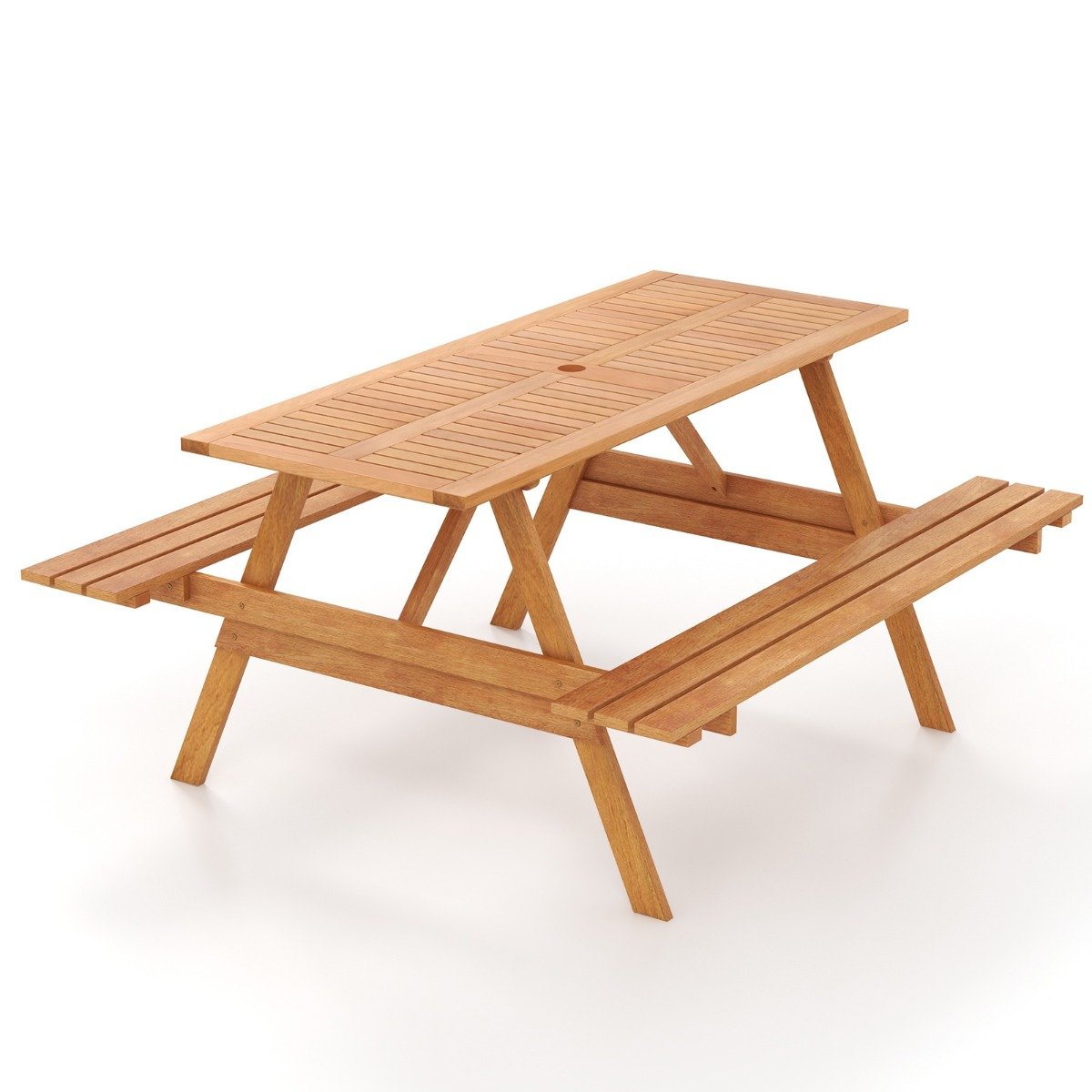 Patio Set - Patio Rectangle Picnic Table with 2 Builtin Benches for Backyard Garden Deck - Natural - Savings Store