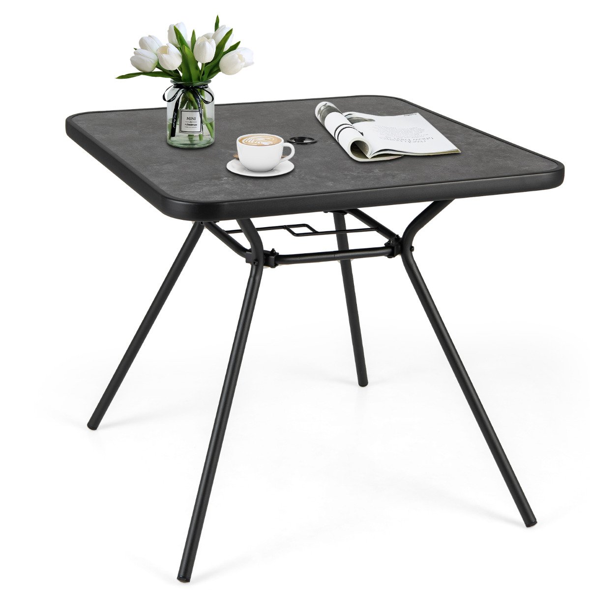 Patio Square Outdoor Dining Table with Umbrella Hole and Lid - Savings Store
