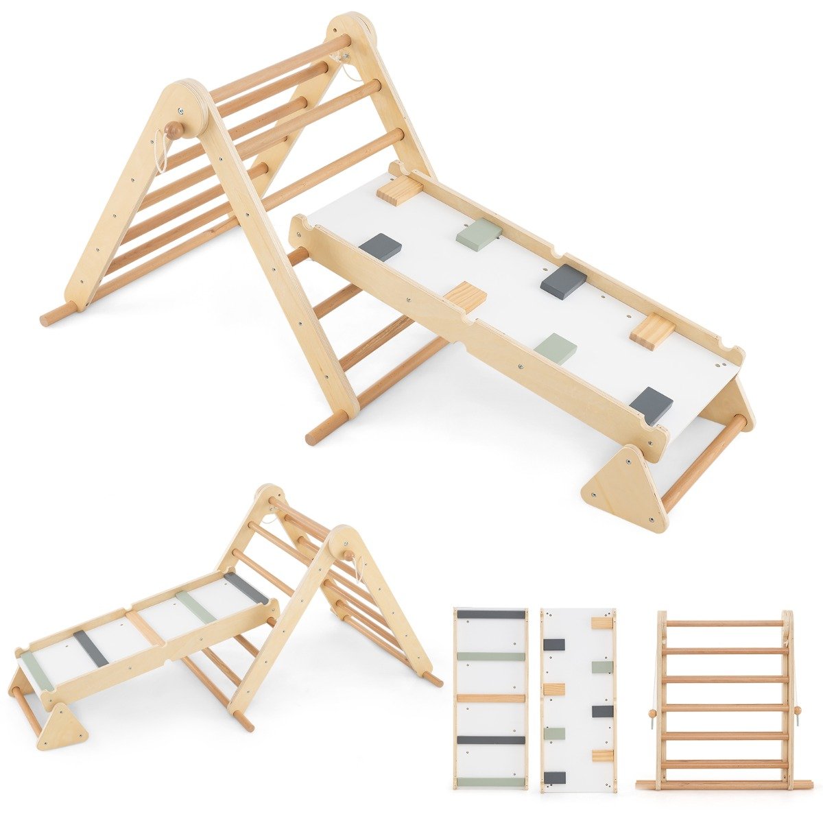 3-in-1 Pikler Triangle Climbing Set with Dual-Side Ramp and Adjustable Climbing Triangle-Natural - Savings Store