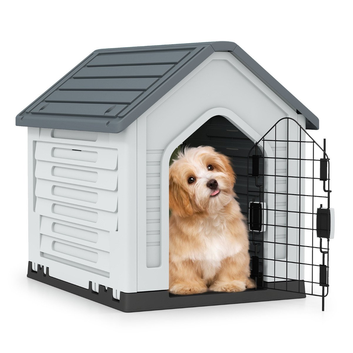 Plastic Dog House with Metal Lockable Door and Air Vents-Grey - Savings Store