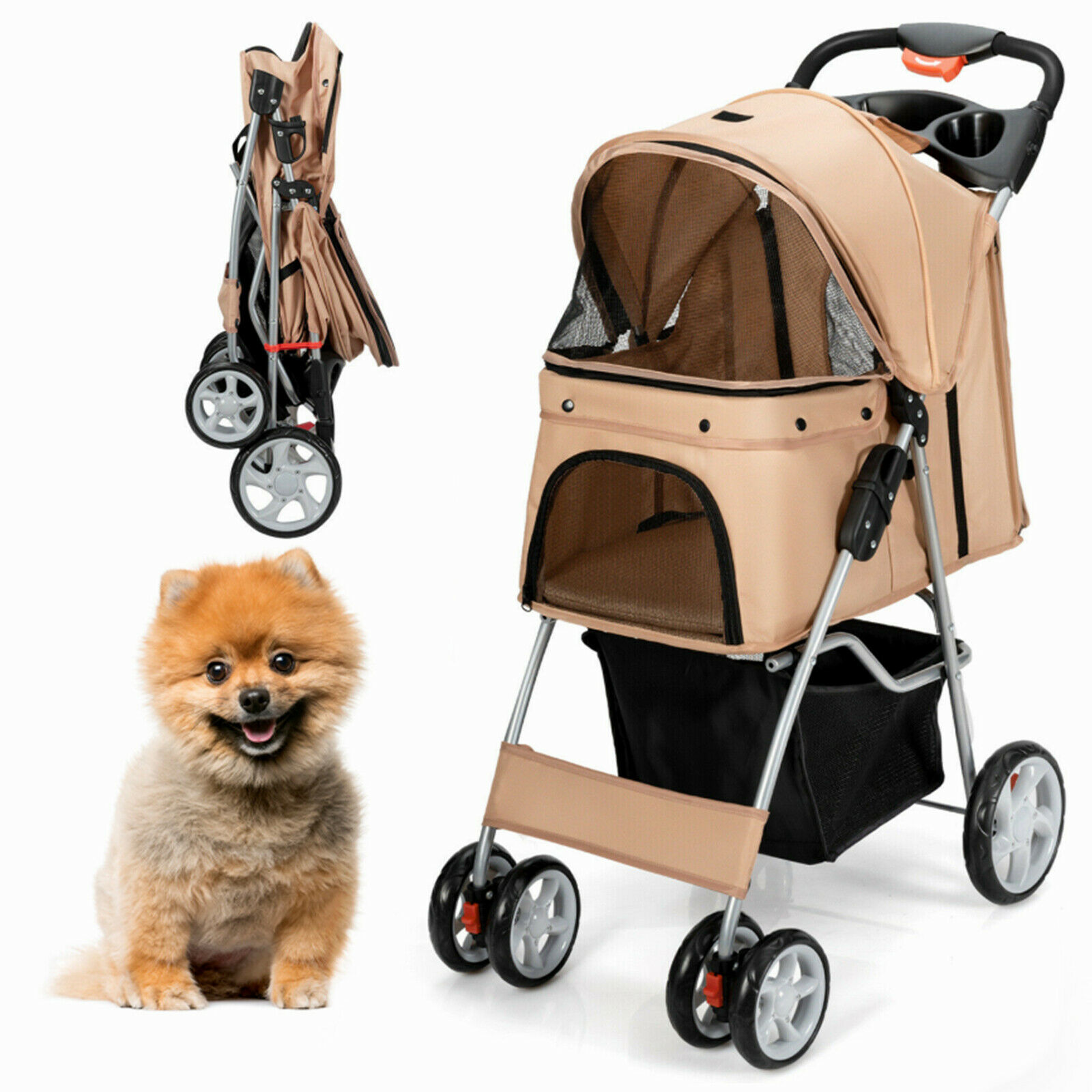 4-Wheel Folding Pet Stroller with Storage Basket and Adjustable Canopy-Beige - Savings Store