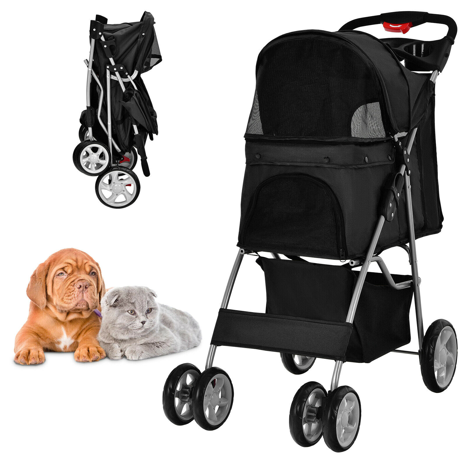 4-Wheel Folding Pet Stroller with Storage Basket and Adjustable Canopy-Black - Savings Store