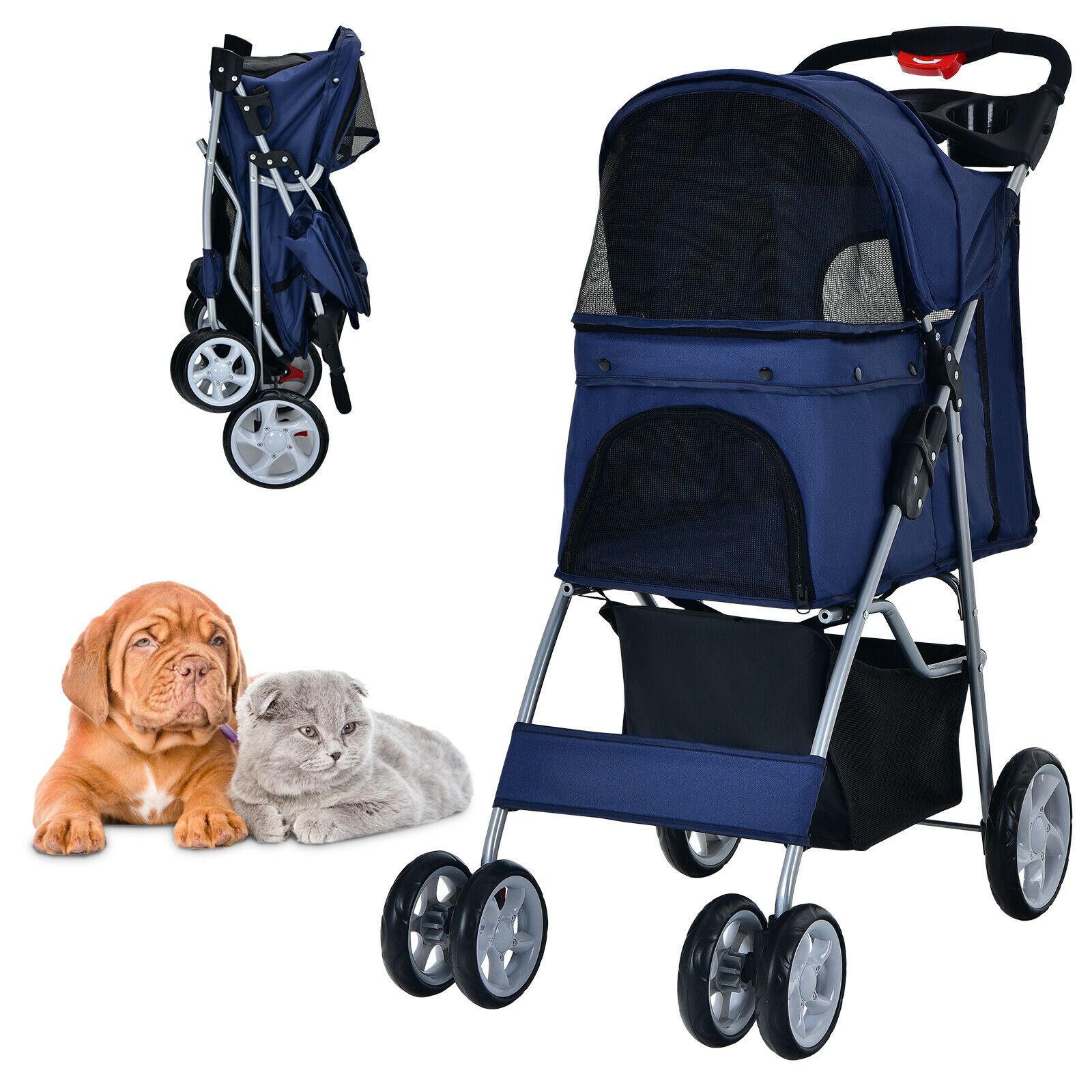 4-Wheel Folding Pet Stroller with Storage Basket and Adjustable Canopy-Navy - Savings Store