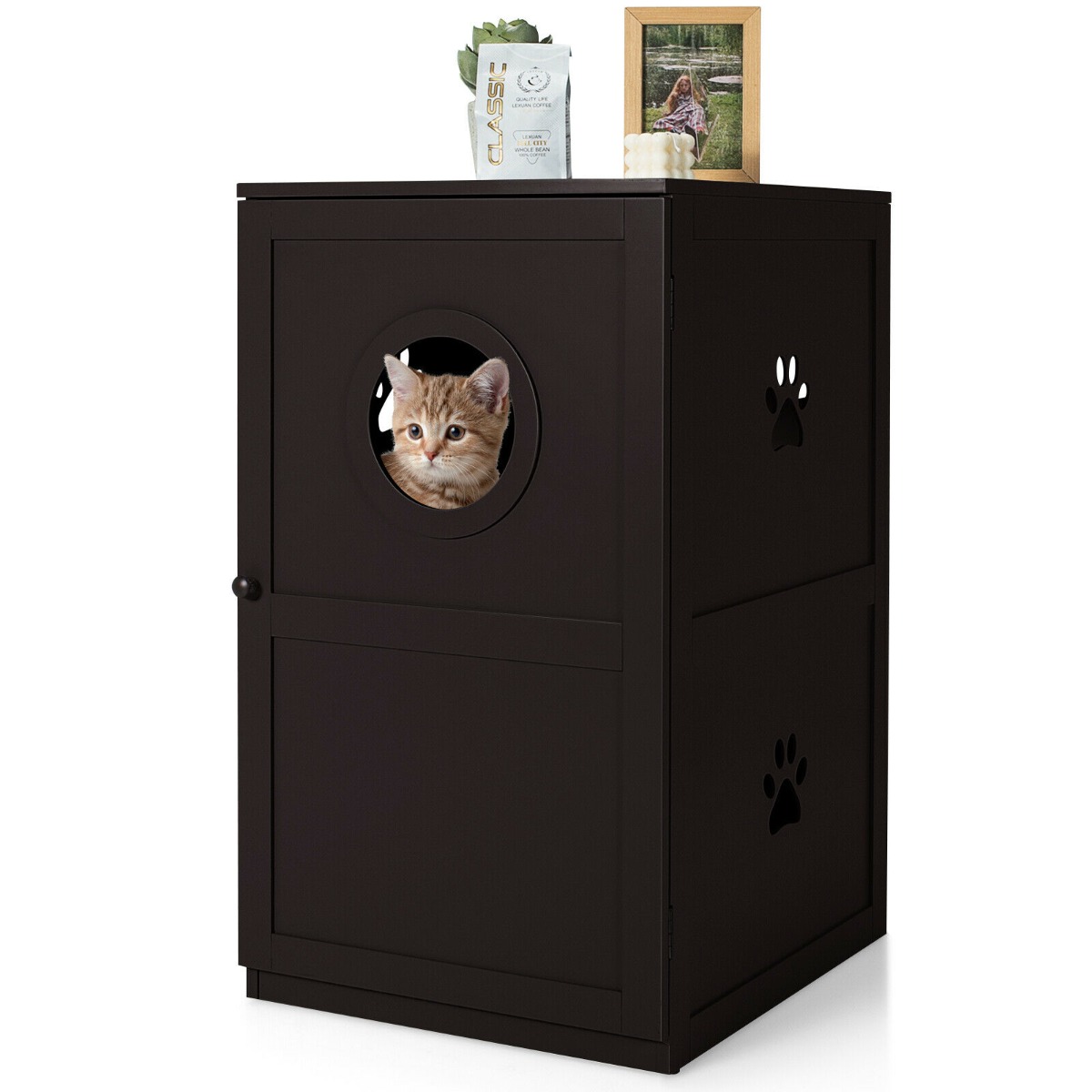 2-Tier Kitty Hidden Washroom Toilet with Entrance Hole and Door-Coffee - Savings Store